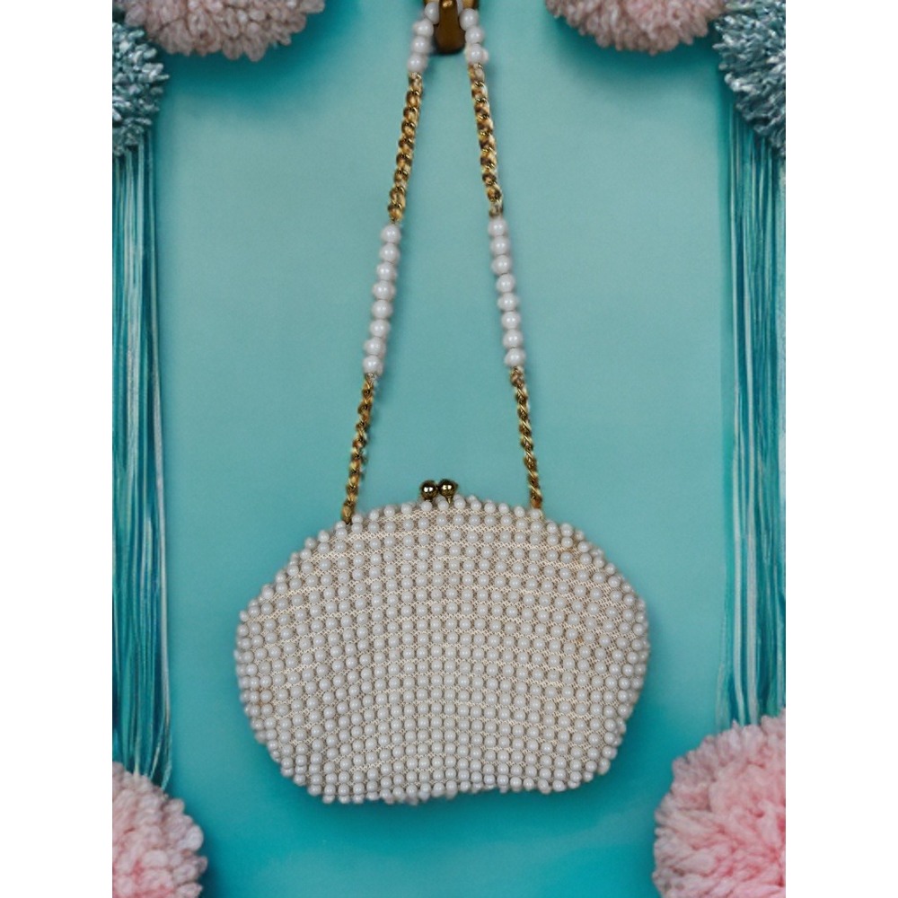 Pearl Beaded White Evening Shoulder Bag